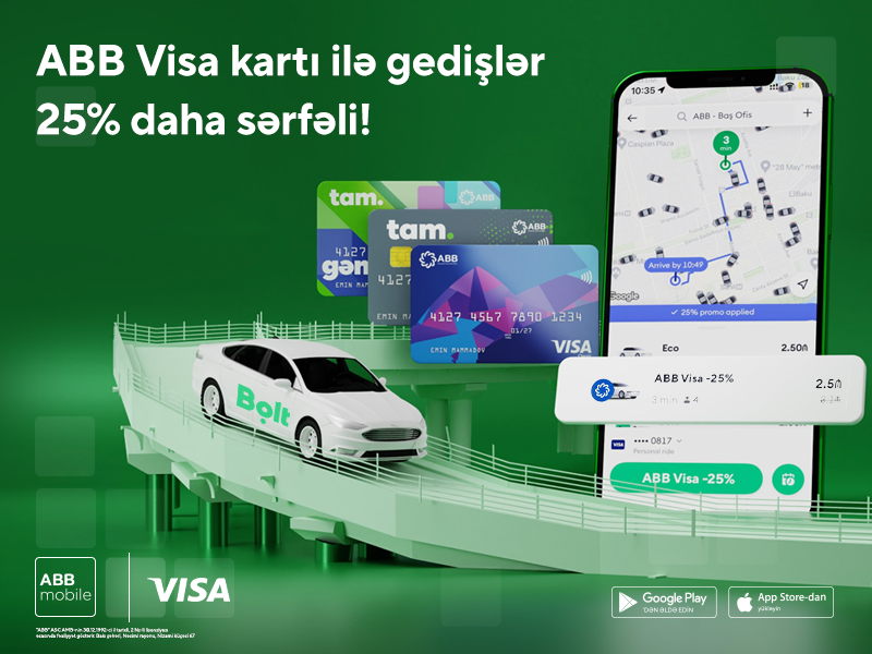 Bütün ABB Visa kartları ilə “Bolt comfort” sifarişlərinə 25% endirim!